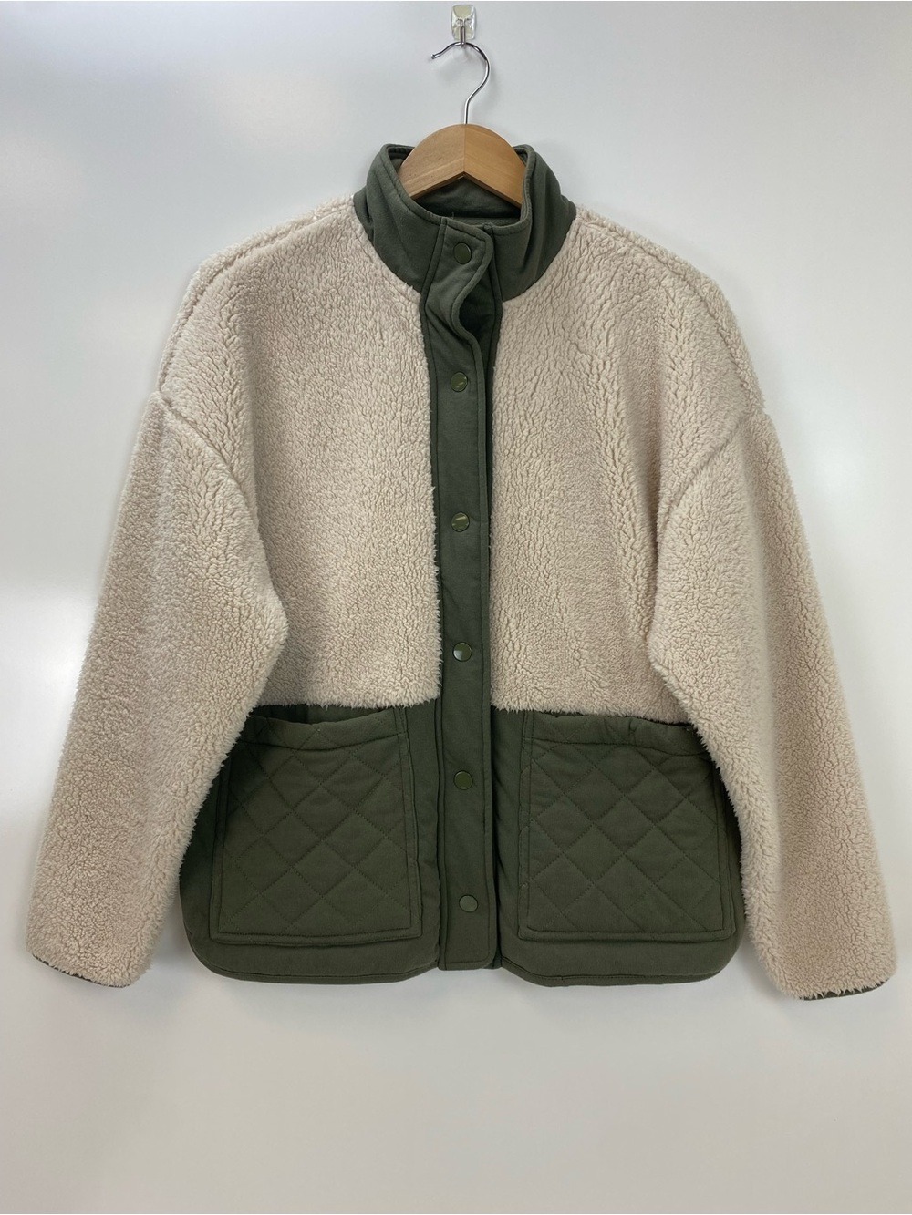 Z Supply Cream Sherpa Jacket with Olive Quilted Trim